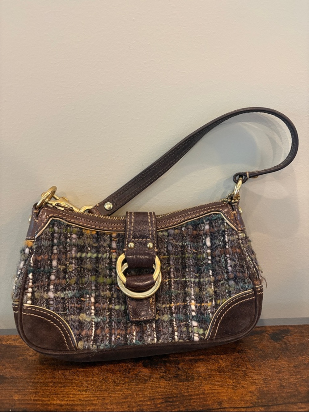 Coach Brown Tweed Shoulder Bag with Gold Hardware